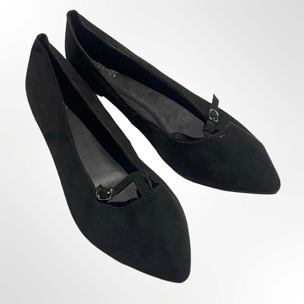 Fioni Women's Black Faux Suede Pointed Toe T-Strap Flats